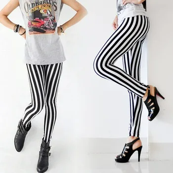 

Women Sexy Lady Fashion Skinny Chic Look Vertical Leggings Black and White Spandex Zebra Stripe Pants Lovely New 2020 Wholesale