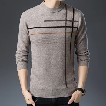 

100% Wool Men Knit Tops Sweater Pullover Basic O Neck for Autumn Winter Crossed Stripes Fashion Casual BO20421231