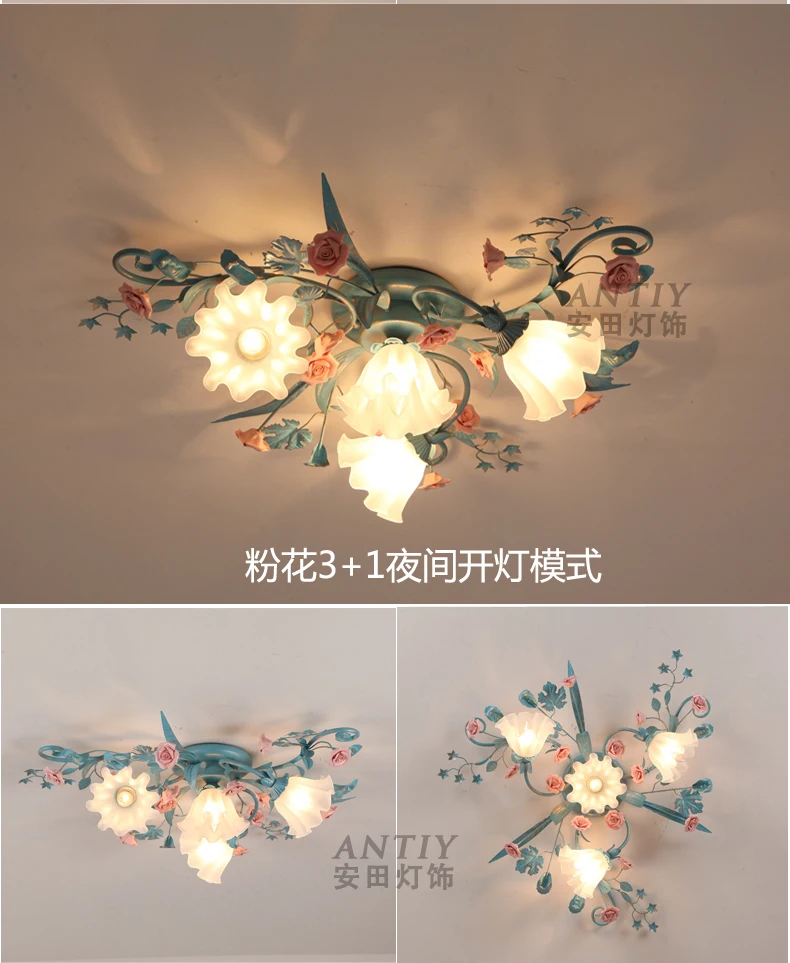 Korean Pastoral Simple Flower and Grass ceiling lamp Restaurant Cafe Bedroom Mediterranean Romantic Colored Rose ceiling lamp