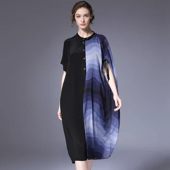 

2020 Summer New Europe Stand Collar Chiffon Dress Women Short Sleeve Fashion Ladies Dress Asymmetric Casual Woemn Clothing