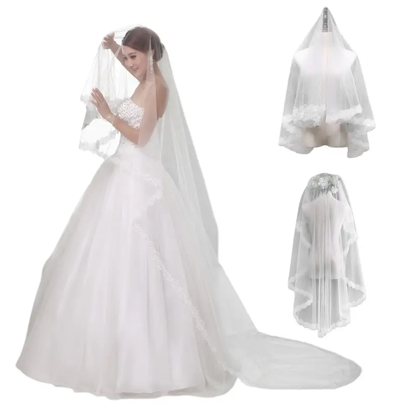 

Single Layer Classic Elbow Length Wedding Veil Crochet Floral Lace Trim Glitter Sequins Embellished Women Bridal Hair Accessory