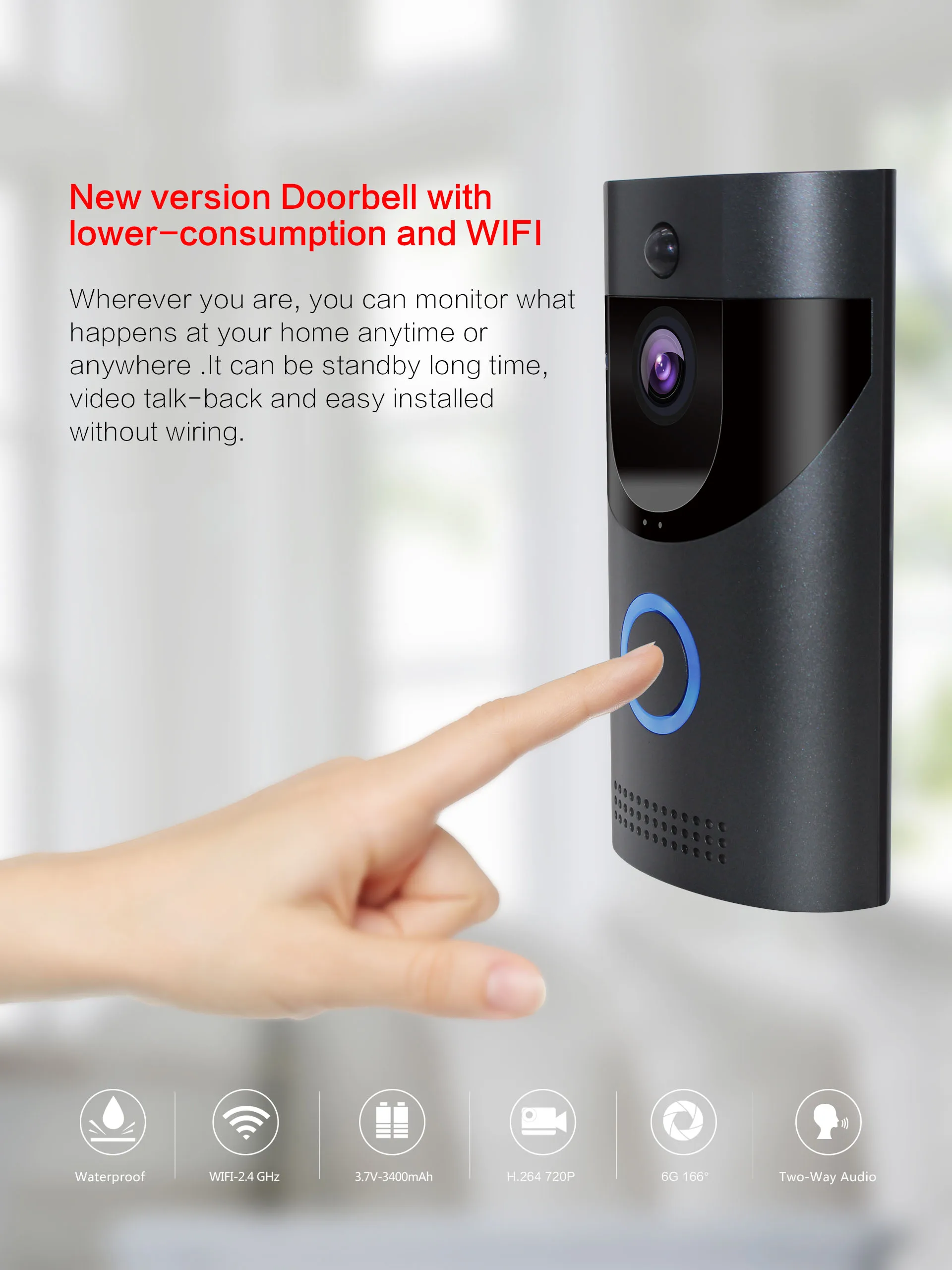 Wifi, дверной звонок, IP65, водонепроницаемый, видео, дверной звонок, 720 P, беспроводной домофон, пихта, сигнализация, ИК, ночное видение, IP камера, ПИР, обнаружение