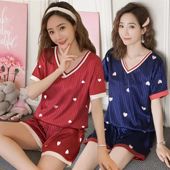 

2020 Summer Silk Satin Short Sleeve V-neck Pajama Sets for Women Print Shorts Sleepwear Suit Homewear Pijama Mujer Home Clothes