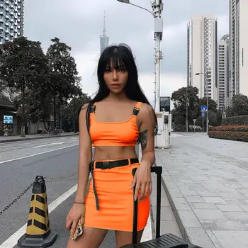 

2019 Women Ladies Clothes Set Summer Sleeveless Top Club Short Mini Skirt Fluorescence Solid 3 Colors Suit with Belt