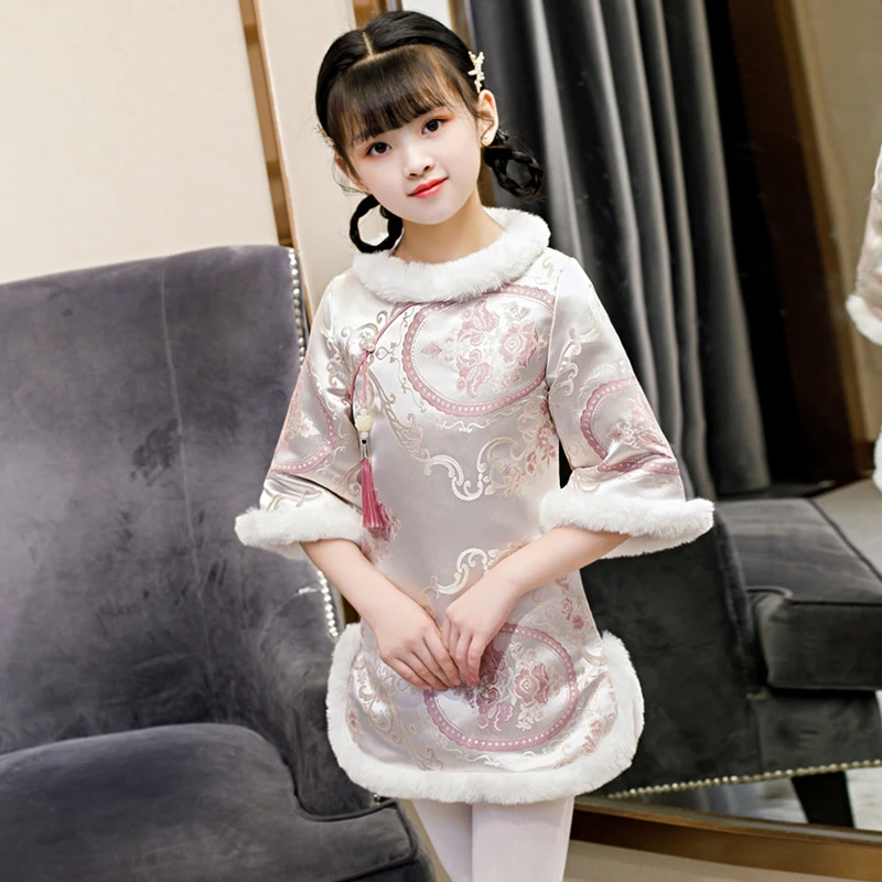 

Satin Cheongsam Coat Winter Children Clothing Oriental Style Thickening Warm Qipao Girls Chinese New Year Baby Cheongsam Kids
