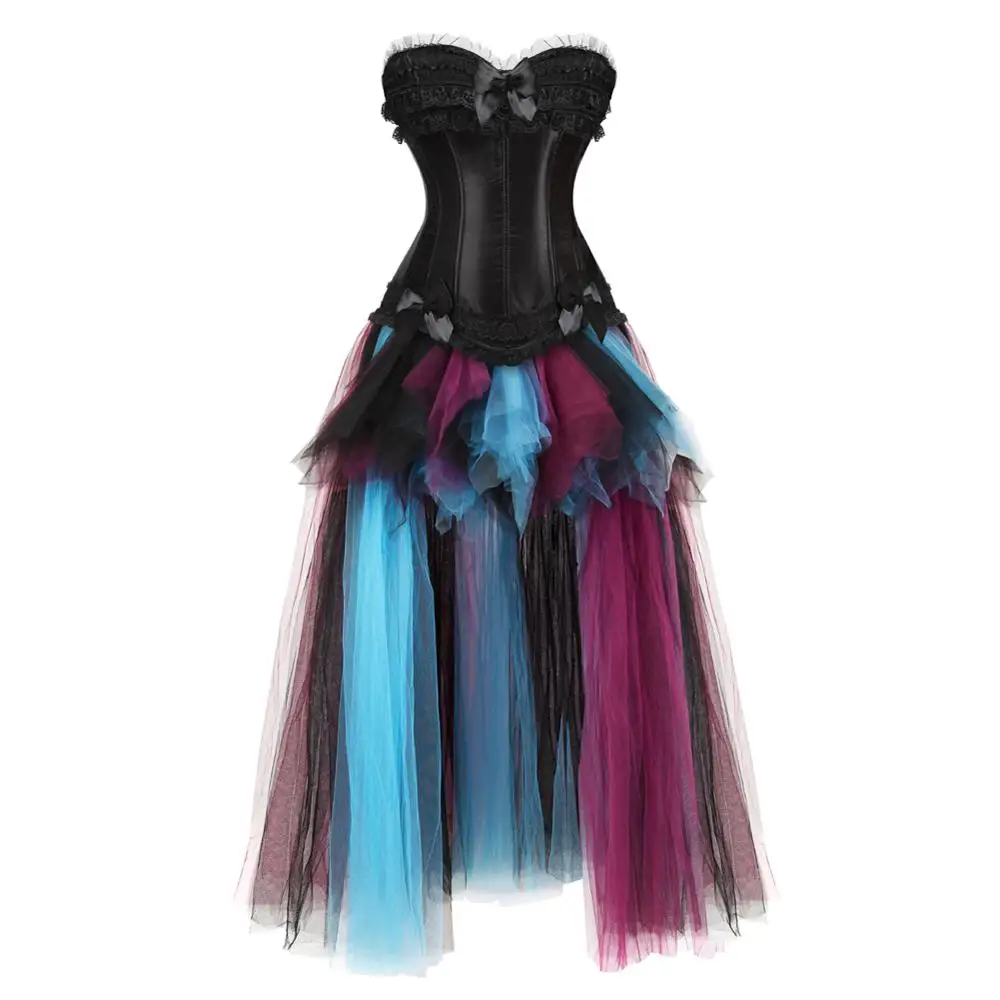 

Grebrafan Gothic Lace Trim Corset Zip with Petticoat Tulle Skirt Ballet Bubble Tutu