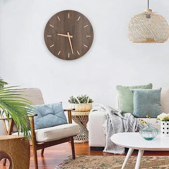 

12-Inch Large Wooden Wall Clock Battery Operated Mute, with Walnut Wood Dial and Stereo Scale Wooden Kitchen Dining Room Office