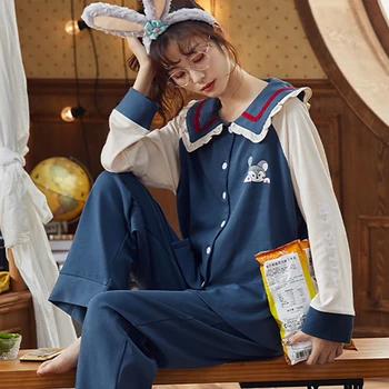 

2020 New Home Clothes Plus Size Leisure Style Sleepwear Fold-down Collar Pajamas For Women 2-Piece Sets Cotton Letter Bathrobe