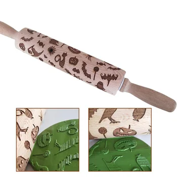 

Halloween Embossing Rolling Pin Baking Cookies Noodle Biscuit Fondant Cake Dough Engraved Roller Pumpkin Cat Bat Candy Spider