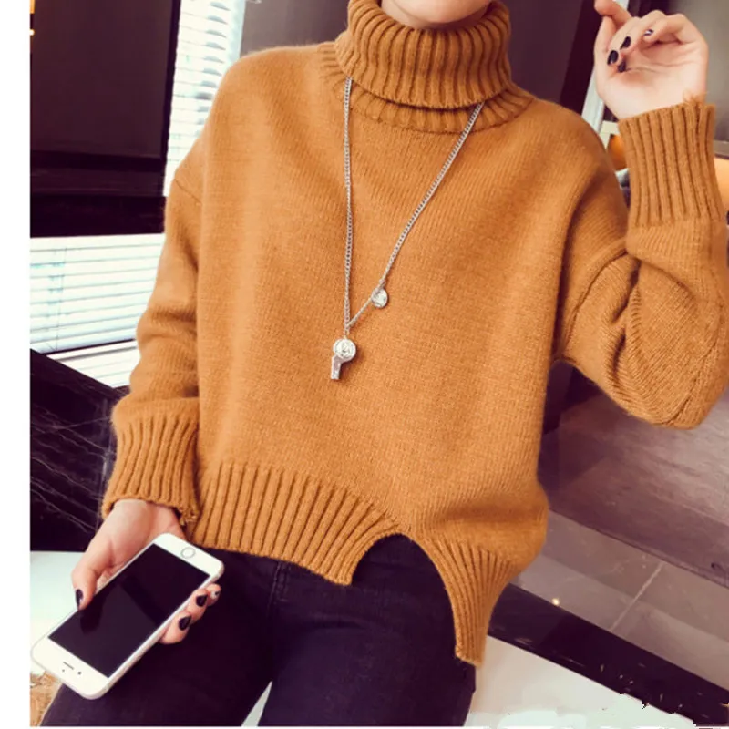 

Autumn and winter New Korean Fashion Loose Hem Split Thick Solid color Pullover Sweater Turtleneck Batwing Brief Clothing