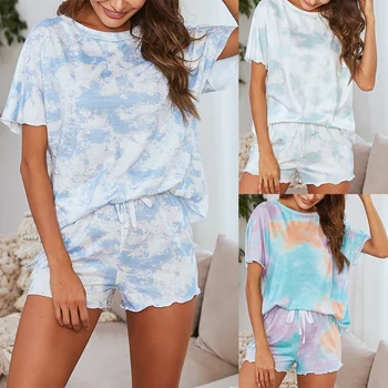 

Women'S Tie Dye Home Wear Short Sleeve Shorts Two Piece Set Home Pajamas