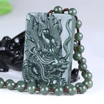 

NATURAL HETIAN GREEN JADE DRAGON PENDANT NECKLACE CHARM JEWELLERY FASHION ACCESSORIES HAND-CARVED MAN WOMAN LUCK AMULET GIFTS
