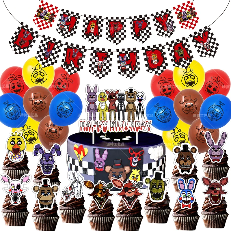 Artículos fiestas SMLHPARTY Decoración de Fiesta de Cumpleaños Five Nights Freddys Globos Pancarta de Feliz Cumpleaños Adornos de Pastel para Niños Adultos Kit de Decoraciones Cumpleaños Temáticos de