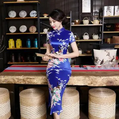 Short Sleeve 1 Сексуальное Фиолетовое Женское атласное Повседневное платье, летнее новое длинное китайское платье Ципао с цветочным принтом, Размеры s m l xl XXL 3XL 0162 - Цвет: Short Sleeve 1