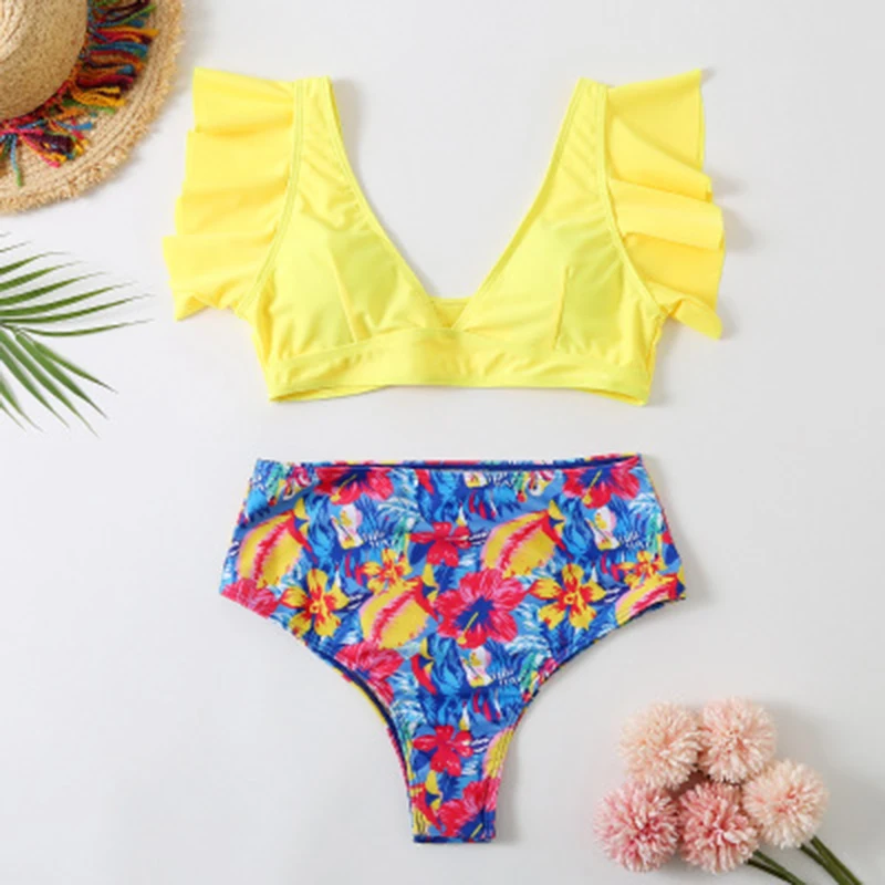 

2020 Flora V-neck High-waisted Two Piece Swimsuit Girl Floral Ruffled Hem Bikini Set Women Beach Bathing Suit Swimwear Biquinis