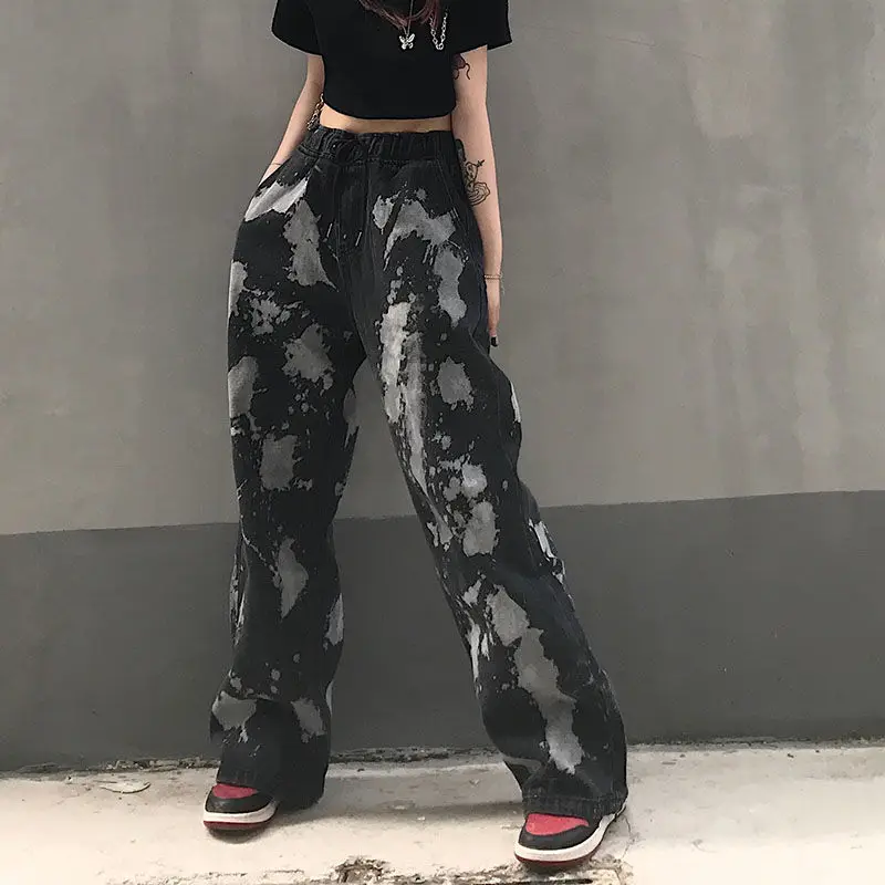 

Street Gothic Tie-Dye Jeans Street Retro Women's Black Straight Loose Casual Elastic Waist Waist Thin Wide Leg Pants Pants