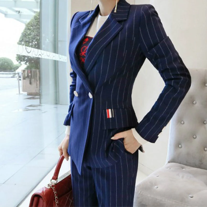 2020 Women Print Striped Blue Suit and Sheath Pants Ladies Floral Two Piece Set New Year Modis Formal OL Work Office 2 Piece Set водолазка modis