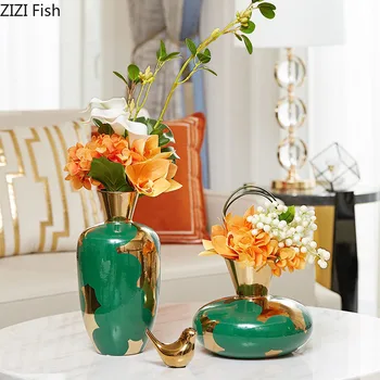 

Ceramics Vase Green Gold-plated Vases for Flowers Crafts Art Desk Decoration Dried Flower Arrangement Decorative Ornaments