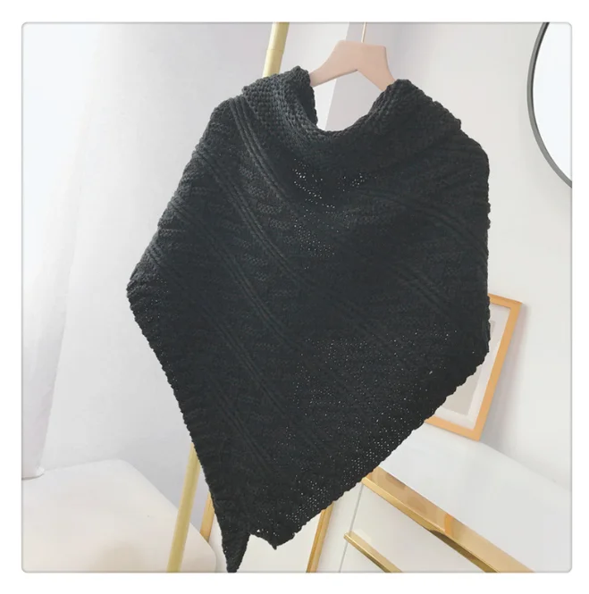 2021 New Shawl Spring Autumn Coat With Women's Knitted Coarse Wool Triangular Scarf Cloak With Buckle Shawl Reddish Black 100% pure wool knitted shawl versatile scarf for women 2023 spring and autumn new dual purpose loose outer cape cardigan