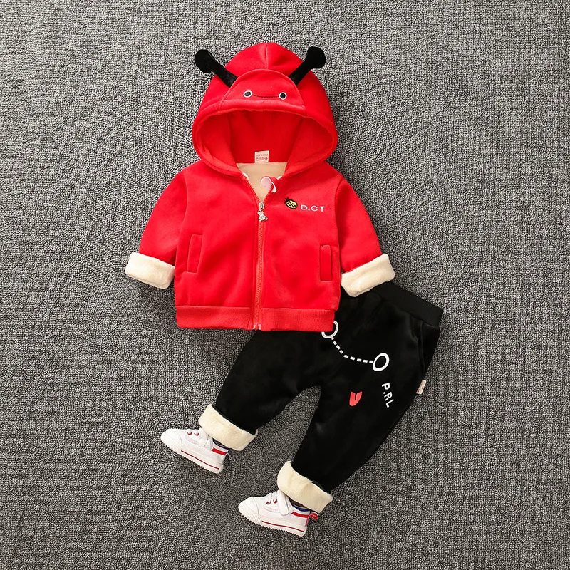 

2019 Winter Children Men And Women Children Warm Hoodie Baby Cartoon Pattern Beetle Thick Childrenswear Two-Piece Set