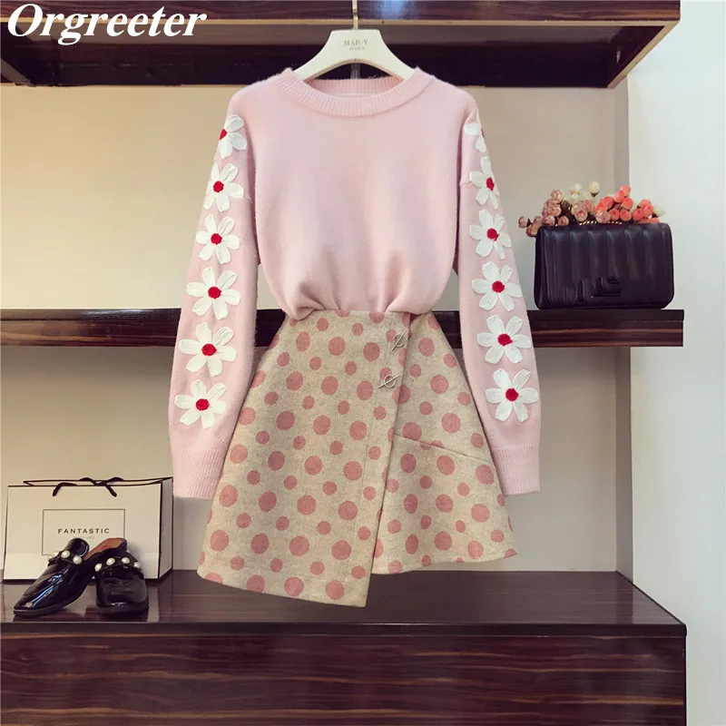 

Sweet Flower Embroidered Sweater + Polka Dot Skirt 2 Piece Set Women 's Knit Pullover and Woolen irregular Mini Skirt Suit