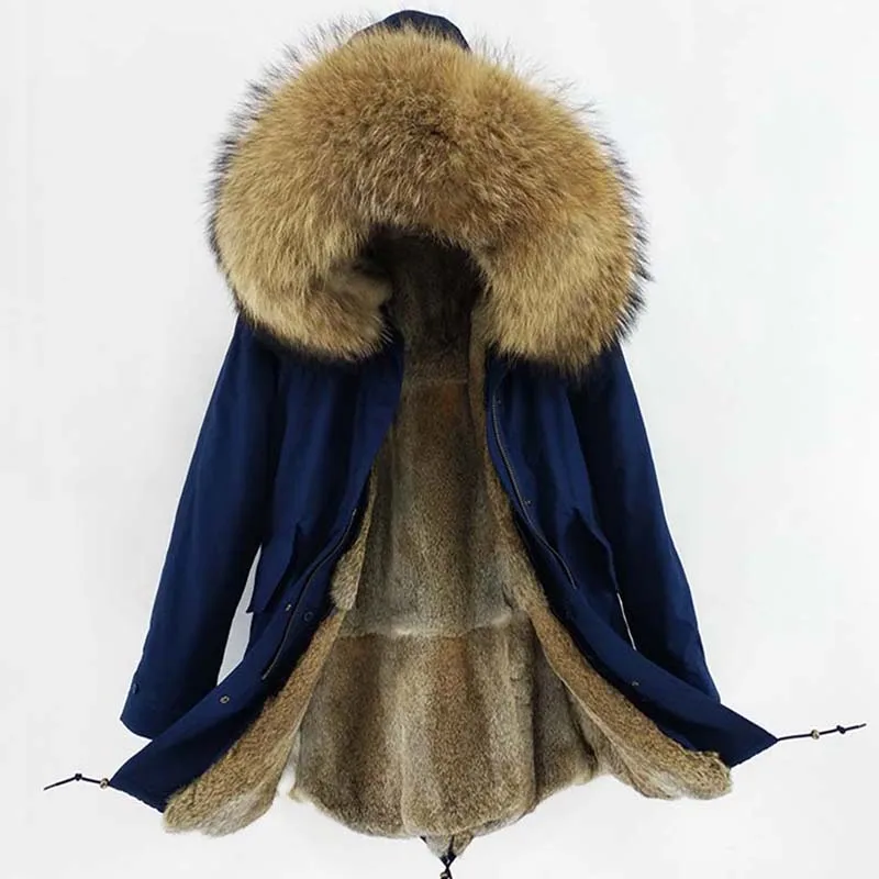 Navy Coat Long Толстая теплая верхняя одежда подкладка из натурального кроличьего меха пальто природный енот меховой воротник с капюшоном куртка натуральный мех Парка мужская зимняя куртка - Цвет: Navy Coat Long