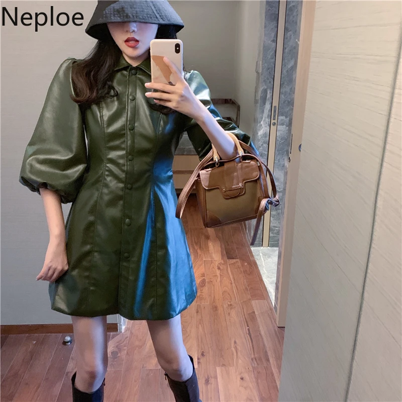 Neploe/осенне-зимнее платье в стиле ретро из французской кожи, приталенное платье с высокой талией, Vestido, однотонная линия, отложной воротник, Ropa 47018