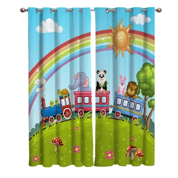 

Train Zoo Cartoon Sun Rainbow Curtains For Kids Boy Girl Bedroom Living Room Cortinas Custom Drape Kitchen Window Curtains