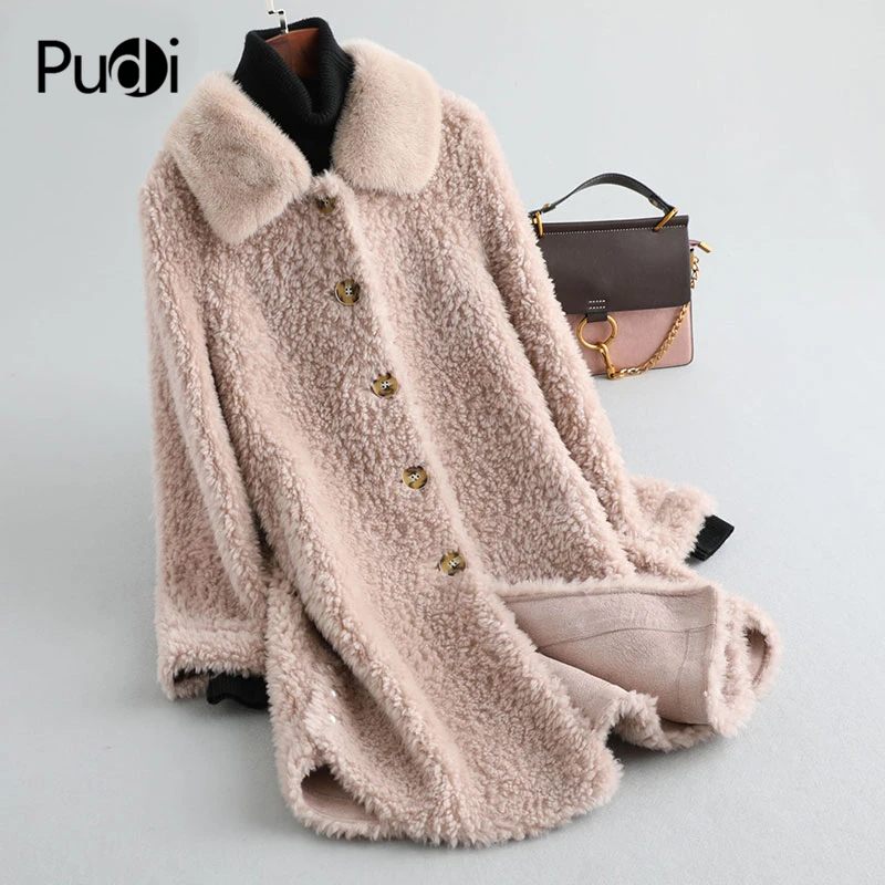 

PUDI A19070 women's winter 100% real wool overcoat warm jacket real mink fur collar girl coat lady Long jacket overcoat