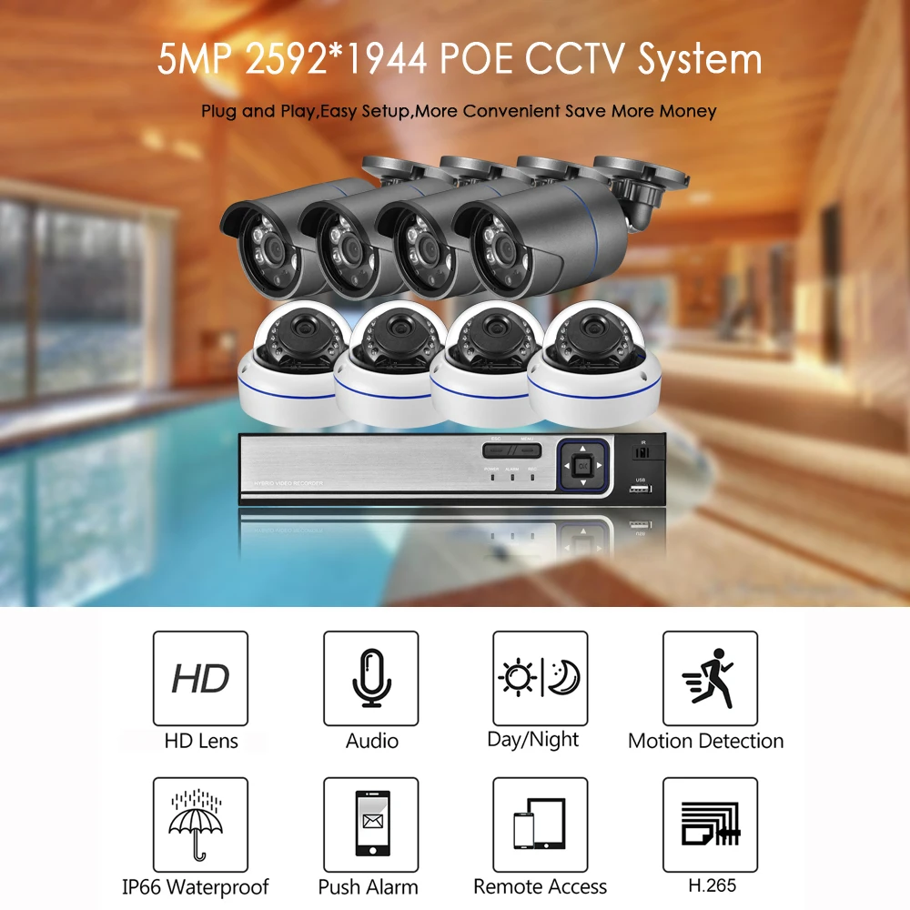 hd cctv camera AZISHN H.265AI 48V POE 8CH Human Detection Face Record CCTV NVR Audio IP Camera System 5MP 2592*1944P Outdoor IP66 POE IP Kit best security camera system