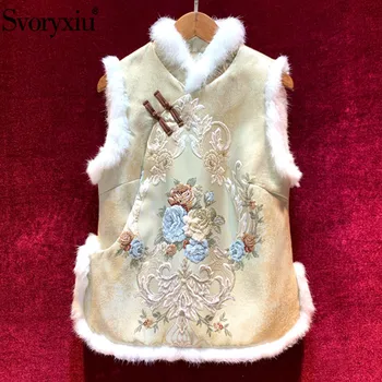 

Svoryxiu Designer Vintage Jacquard Autumn Winter Thick Tank Vest Tops Women's Fashion Hair Collar Flower Print Tank Vest Female