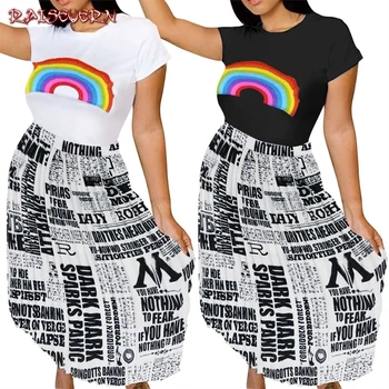 

Two Piece Set Summer Clothes For Women 2019 New Fashion Casual Short Sleeve Add Long Newapaper Skirt T Shirt 2 Piece Set Women