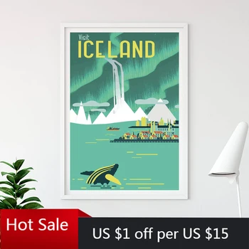 

Vintage Travel Poster of Iceland reykjavik Print Northern Light Landscape Art Canvas Painting Wall Decoration Picture Home Decor