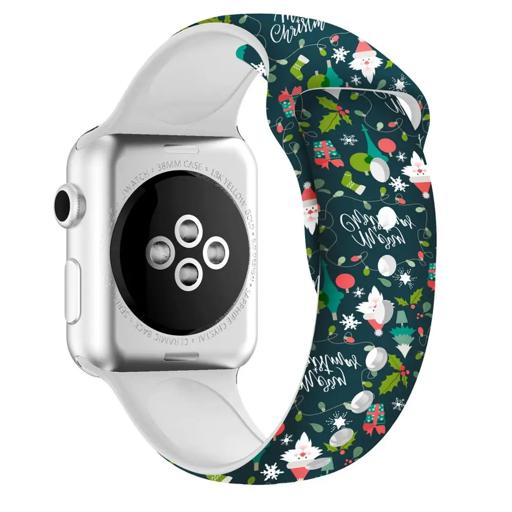 Силиконовый напечатанный спортивный ремешок для Apple Watch series 5 4 3 2 1 Рождественский Санта снеговик силиконовый ремешок для iWatch Рождественский подарок на запястье - Цвет ремешка: Black