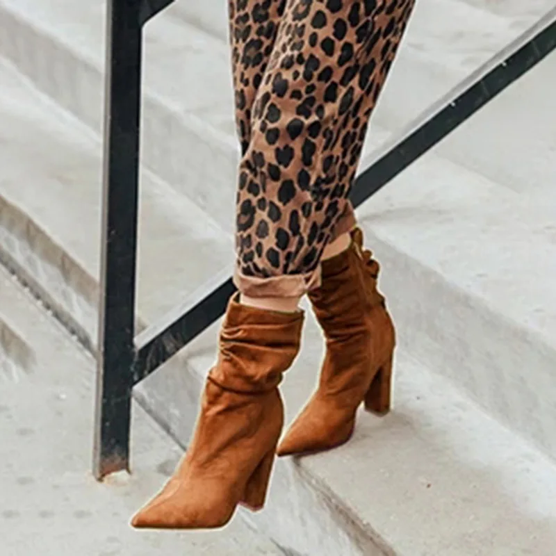 

Women's Fashion Pointed Toe High Heel Short Boots Ladies Solid Color Suede Leather Pleated Boots Office and Party Shoes 2019 New
