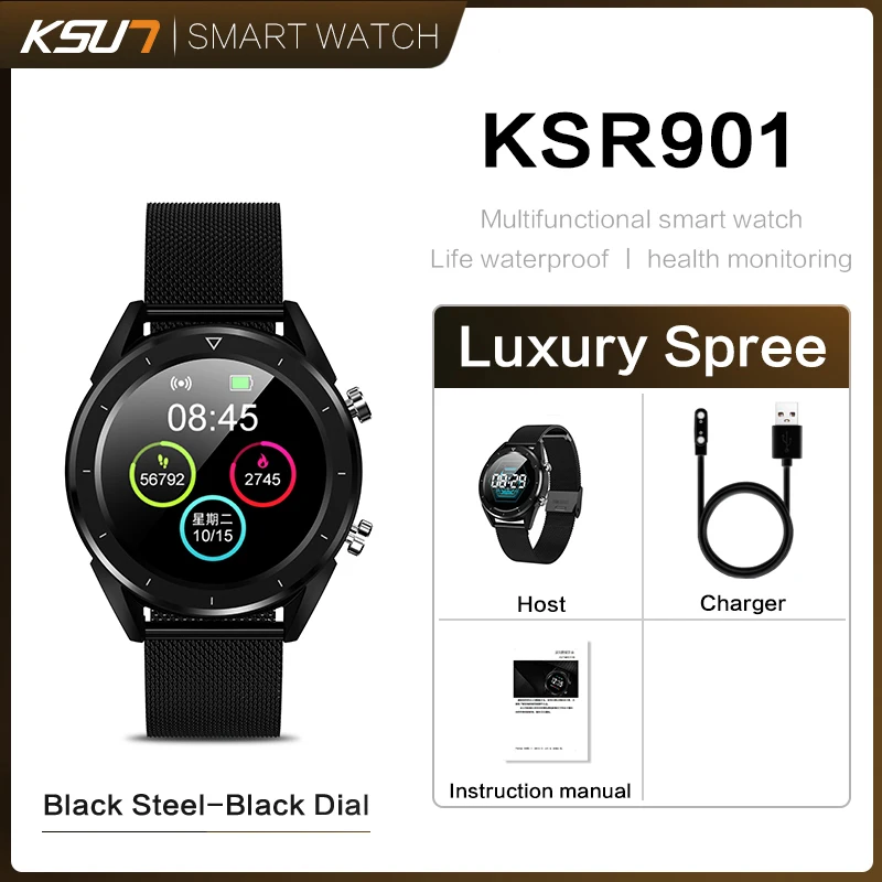 KSR901 ЭКГ монитор сердечного ритма Смарт-часы IP68 Водонепроницаемый фитнес-трекер кровяное давление умный Браслет - Цвет: Steel Strap Black