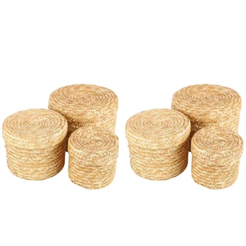 

6Pcs/Set Handmade Straw Woven Storage Basket with Lid Snack Organizer Storage Box Laundry Baskets Rattan Storage Basket