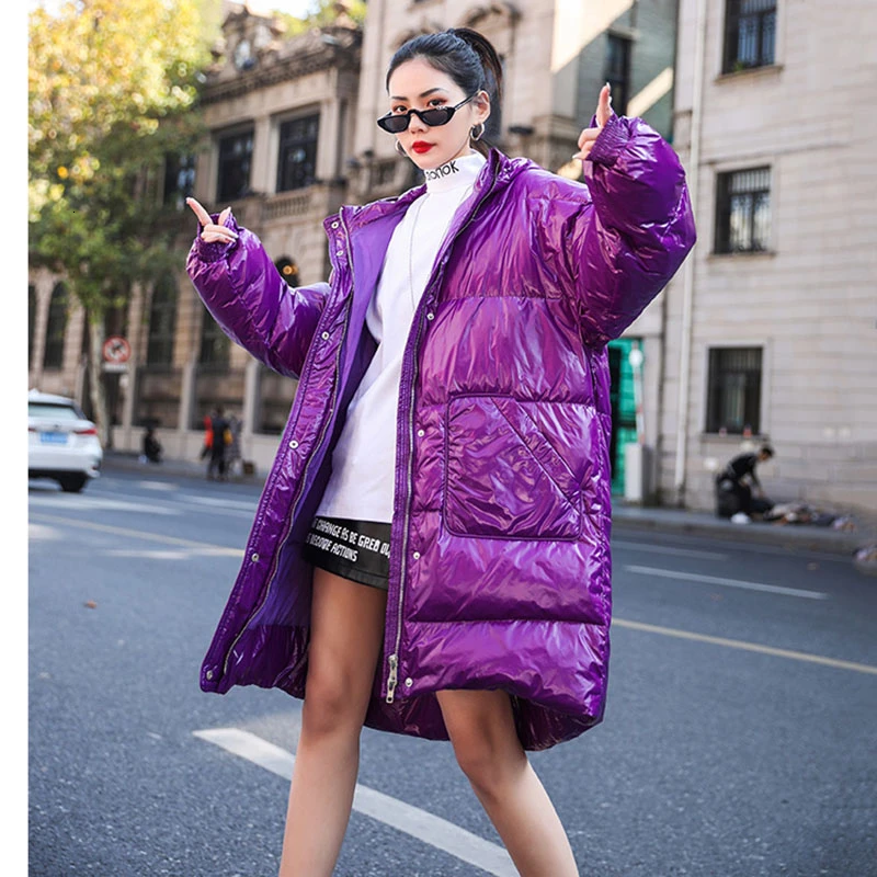 ZURICHOUSE зимняя куртка большого размера Женская длинная Модная парка с капюшоном и буквенным принтом Толстая теплая блестящая женская куртка-пуховик