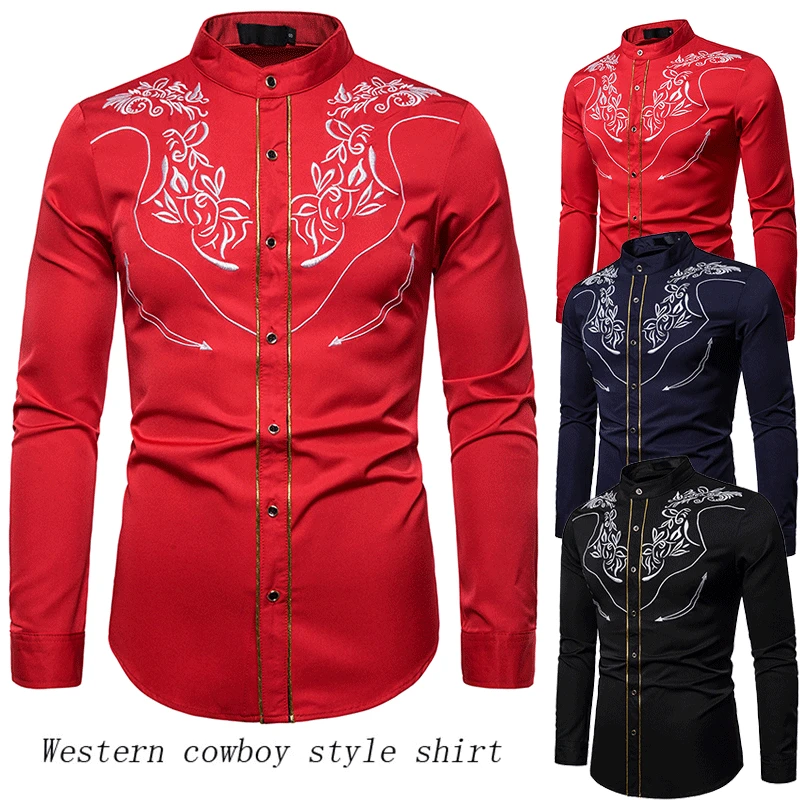 

Men's Western Cowboy Embroidered Shirt Casual Henry collar Button Down Shirts Slim Fit Long Sleeve Shirt