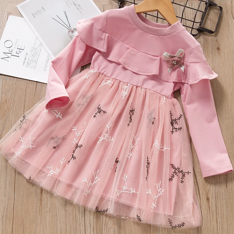 Сетчатое платье для маленьких девочек; милая детская одежда с длинными рукавами; платье-пачка принцессы с аппликацией; одежда для малышей - Цвет: ax1127 Pink