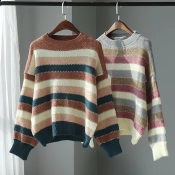 

Retro style sweater women new product sweater colored stripes women sweater round neck long sleeves women's clothes