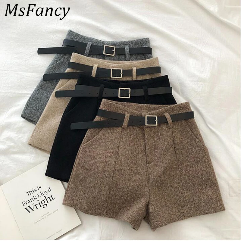 

Woman Shorts Winter Solid Color Woolen Shorts High Wiast Wide Leg Short Trouser Match Belt Ladies Booty Shorts