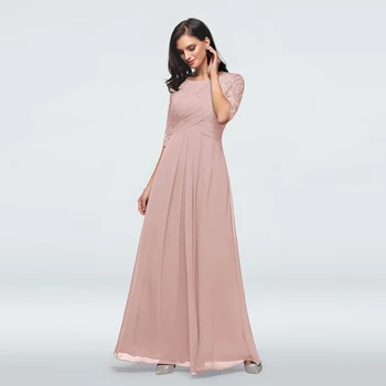 

On Sale Charming Blush Chiffon Lace Half Sleeve Mother of the Bride Dresses Jewel Neck Pleating Wedding Party Gowns Cheap