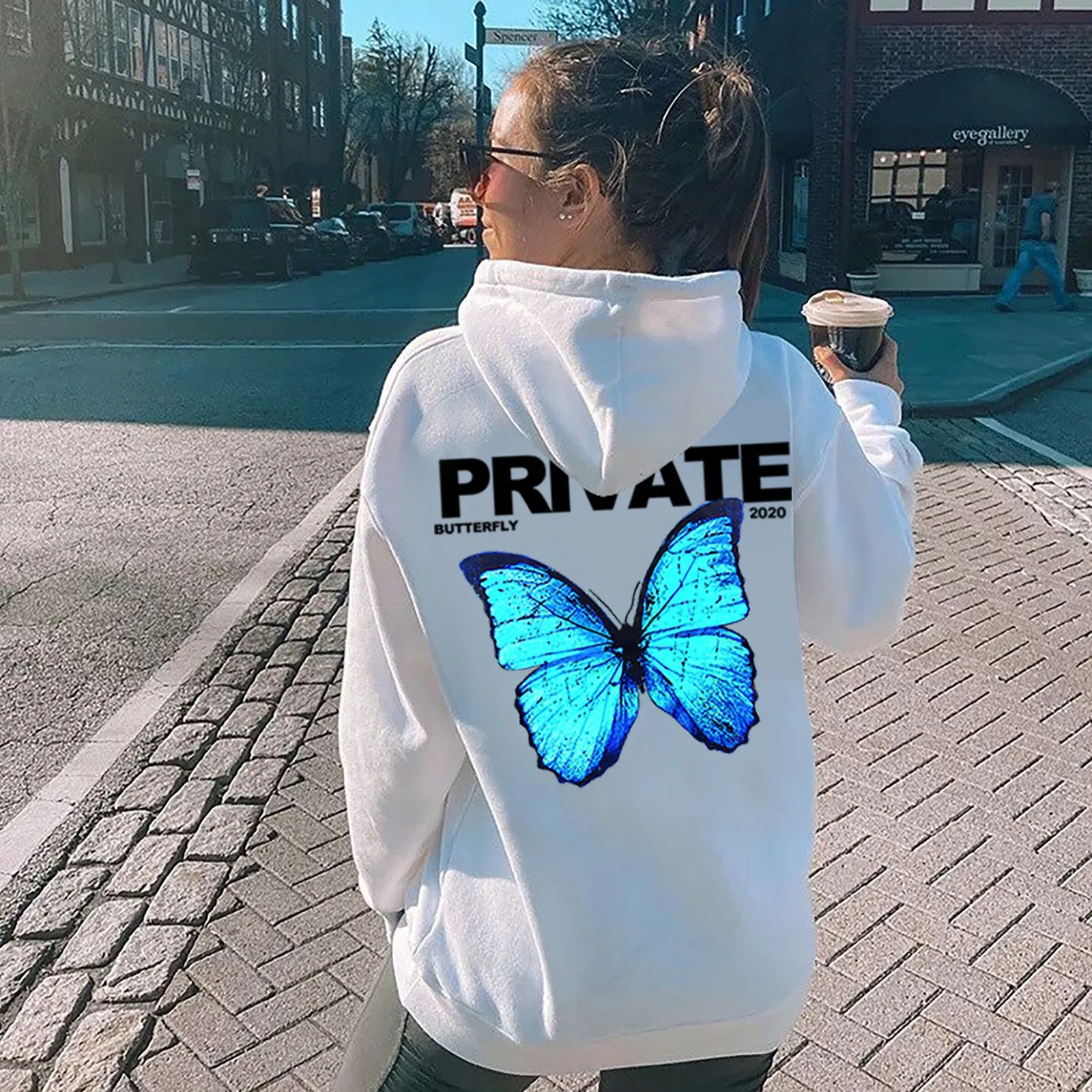 2021 New Fashion Women's Hoodies Tops Oversized Casual Butterfly-Print Elegant Fashion Long Sleeve Pullover Hooded Sweatshirts 2