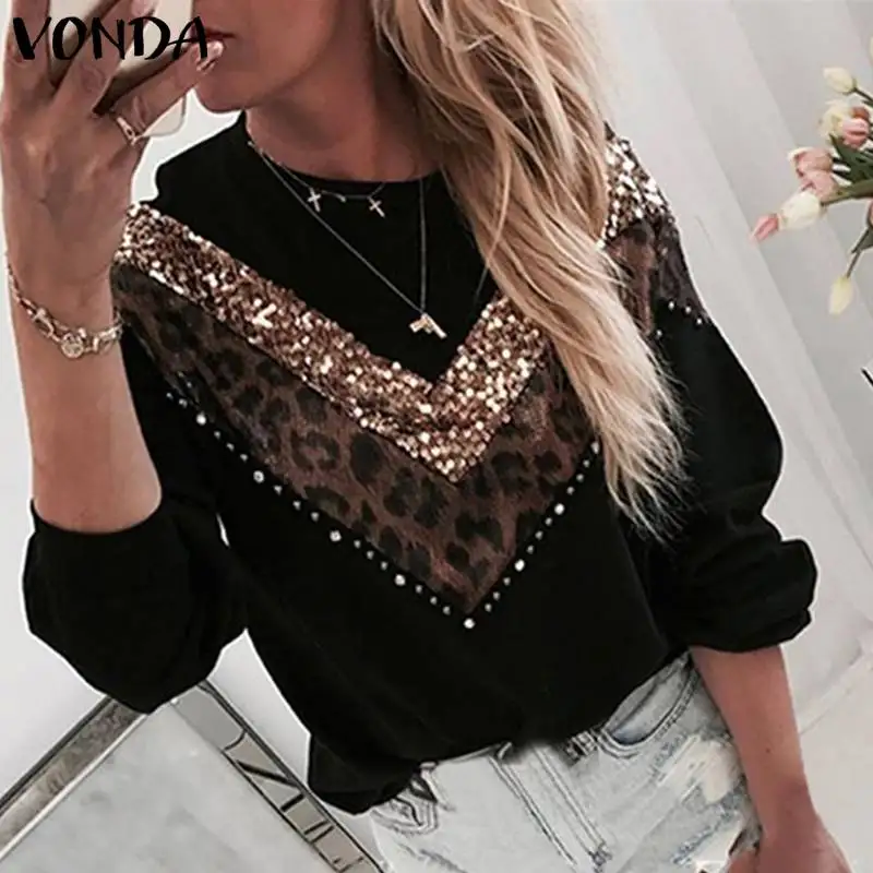 VONDA Vintage Sweaters Plus Size Women Leopard Patchwork Blouses Casual Knitwear Long Sleeve Round Neck Knitted Sweater S-5XL