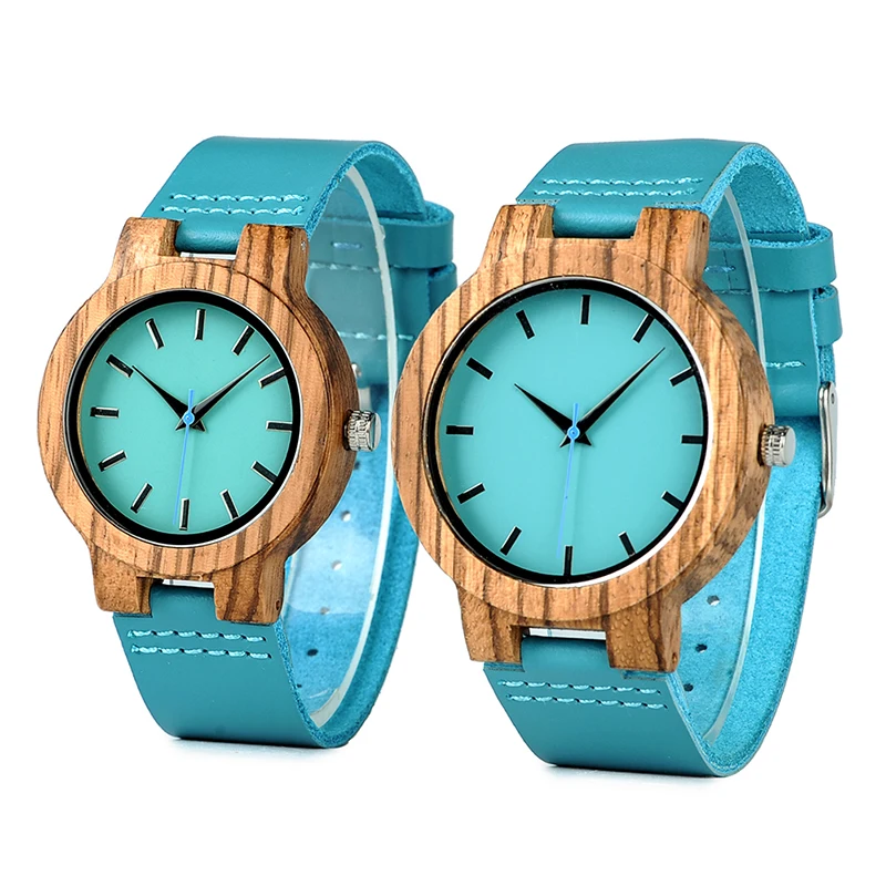Couple Watches Women Timepieces Dial Gifts Wooden Blue Simple Lovers with Relogio Turquoise