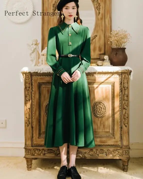 High Quality 2020 Spring Autumn Hot Sale Retro Peter Pan Collar Long Sleeve Women Dress With Belt Green | Женская одежда