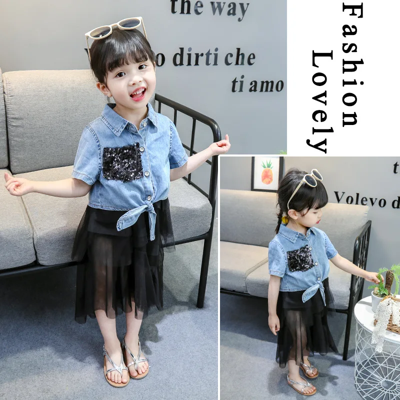

Fashion 2019 New Style Women's Small CHILDREN'S Denim Shirt Mesh Dress Two-Piece Set Baby Summer Princess Dress Set