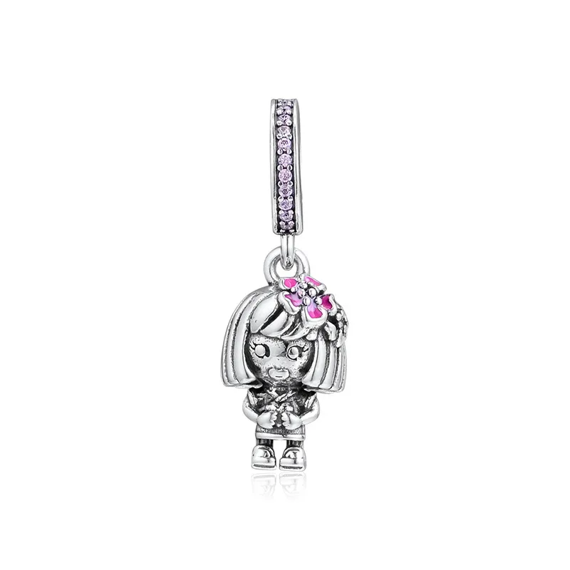 

Chinese Flower Girl Charms For Women Beads Bracelets Color Enamel Pendant Silver 925 Jewelry DIY Charms for Jewelry Making 2019