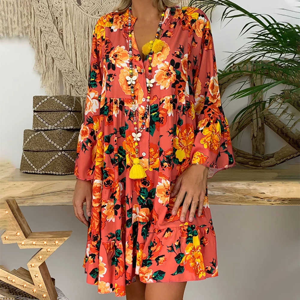 NIBESSER, Boho, цветочные, с длинным рукавом, короткие платья для женщин, весна-лето, с цветочным принтом, пляжные, свободные платья, женское богемное мини-платье